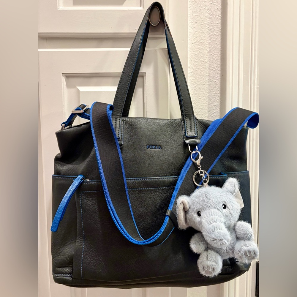 FURLA Black Leather Diaper Bag w/Blue Trim & Strap. Perfect for new dads
Unisex